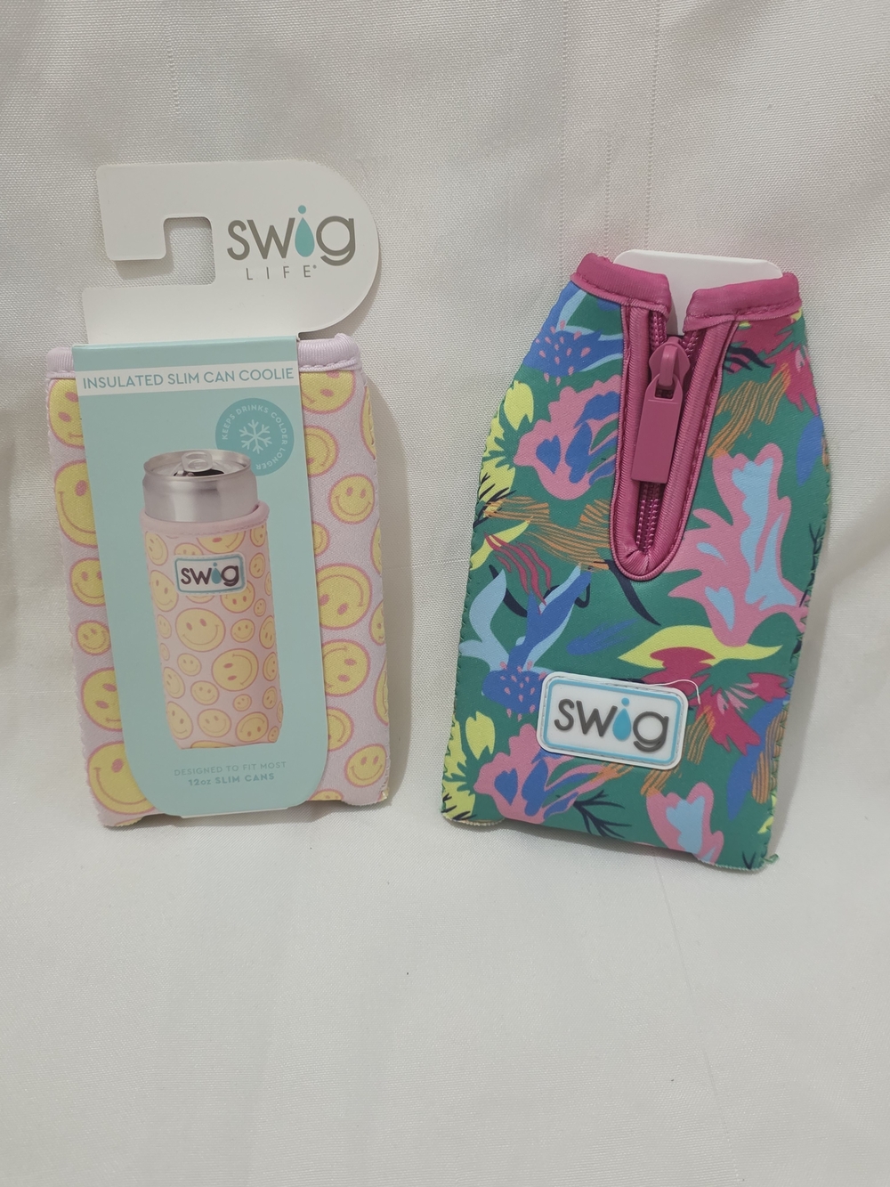 Swig Life Insulated Slim Can Cooler Bundle - Pink Multi Floral & Smiley Face
